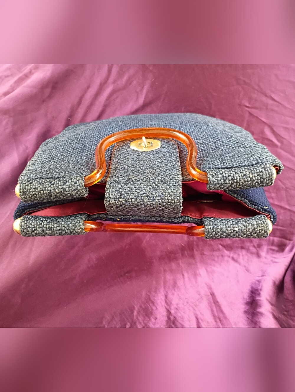 Navy Floral Needlepoint Satchel with Amber Handles - Picture 5 of 16
